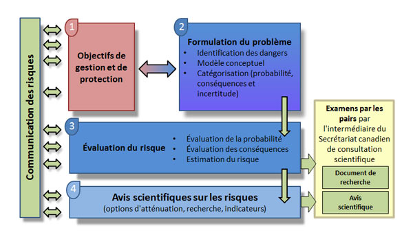 Figure 2 : Survol du processus d’évaluation des risques dans le cadre de l’initiative d’évaluation des risques environnementaux en lien avec la science aquacole.