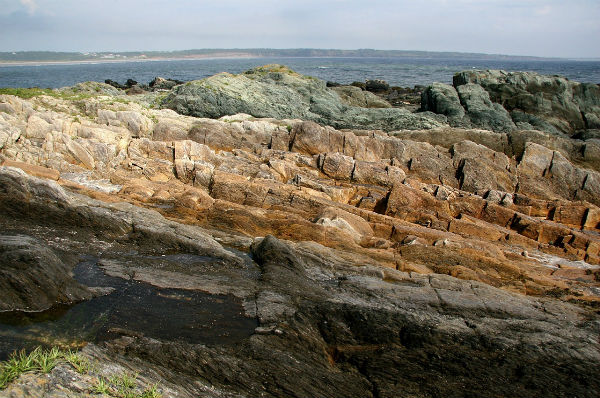 Multicoloured volcanic ash layers, Cape St. Mary, NS. Photo – Dr. Rob Fensome