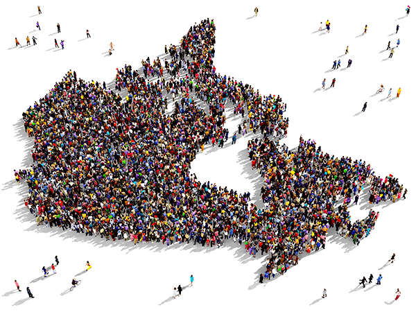 Illustration : Un groupe imposant et diversifié de personnes rassemblées, qui, vu de haut, prend la forme du Canada.