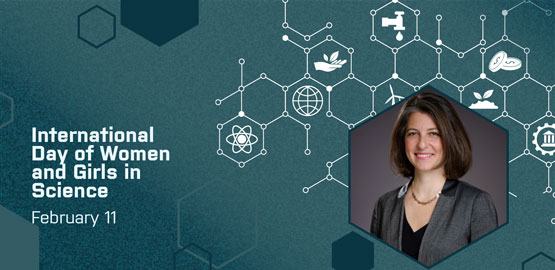 Icons representing green energy and technology are arranged in a hexagon pattern with interconnected lines. Text on image: International Day of Women and Girls in Science. February 11.