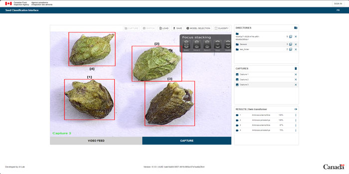 The Nachet interface showing seed images analyzed by AI, with corresponding species identification and confidence scores displayed.