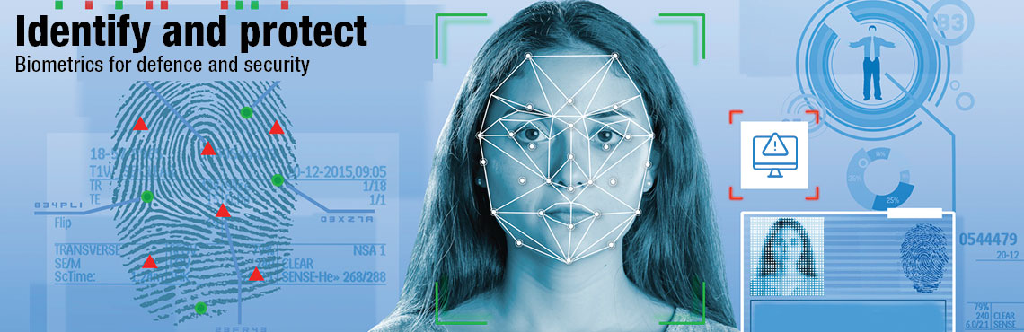 Authentication by facial recognition concept and fingerprint shown with a biometric and security system. Text on image: Identify and protect. Biometrics for defence and security.