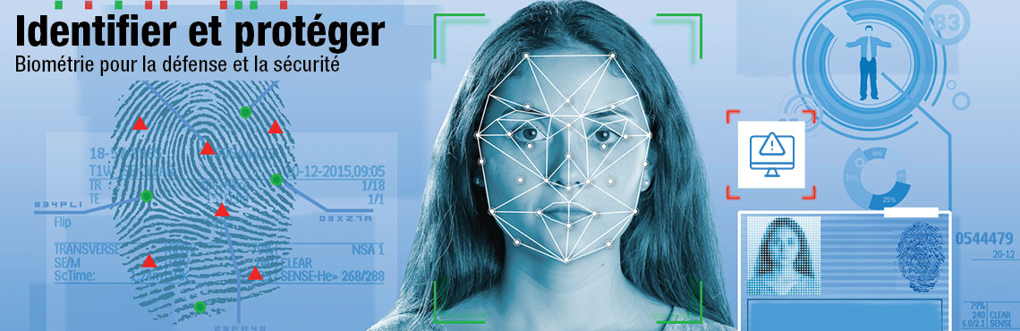 Authentification par concept de reconnaissance faciale et empreinte digitale affichée avec un système biométrique et de sécurité. Texte sur l’image : Identifier et protéger. Biométrie pour la défense et la sécurité