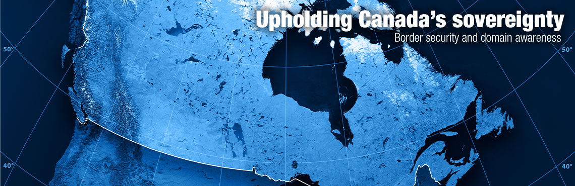 A topographic map of Canada with country borders, rivers and longitude and latitude line. Text on image: Upholding Canada’s sovereignty. Border security and domain awareness.