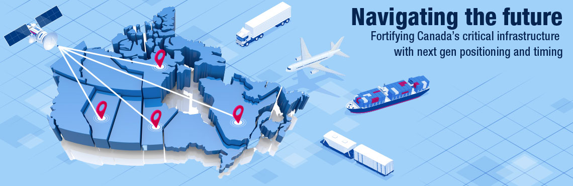 Various mode of transportation such as containers, plane, truck and ship making connections on a map of Canada. Text on image: Navigating the future. Fortifying Canada’s critical infrastructure with next gen positioning and timing.