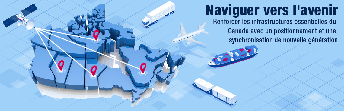 Divers modes de transport tels que des conteneurs, des avions, des camions et des navires établissant des connexions sur une carte du Canada. Texte sur l’image : Naviguer vers l’avenir. Renforcer les infrastructures essentielles du Canada avec un positionnement et une synchronisation de nouvelle génération