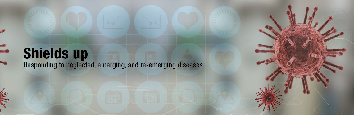 Illustration of red Covid-19 cells floating, and social icons on a gray background with grids. Text on image: Shields up. Responding to neglected, emerging, and re-emerging diseases.