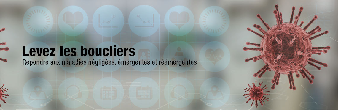 Illustration de cellules rouges Covid-19 flottantes et d'icônes sociales sur fond gris avec grilles. Texte sur l’image : Levez les boucliers. Répondre aux maladies négligées, émergentes et réémergentes.