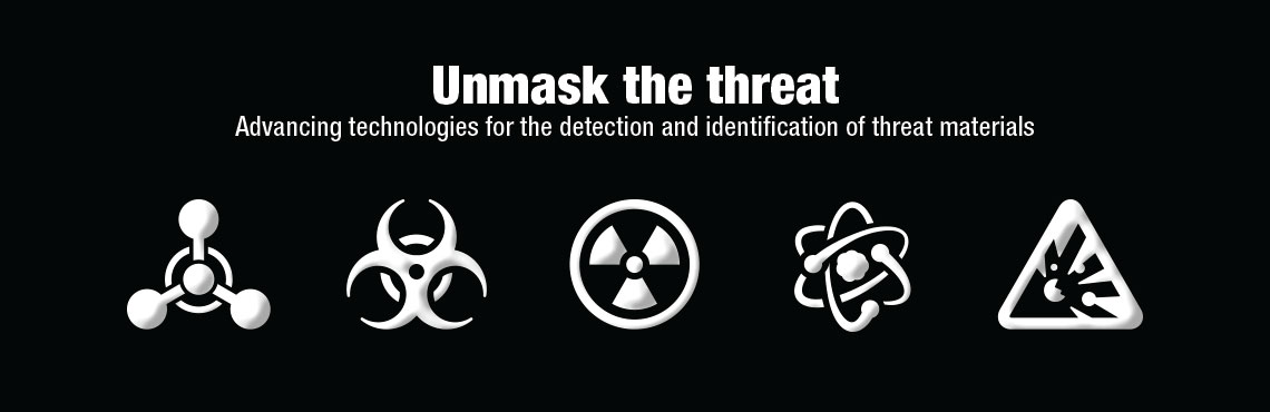 Five hazard symbols. Chemical, biological, radiological, nuclear and explosives. Text on image: Unmask the threat. Advancing technologies for the detection of identification of threat materials.