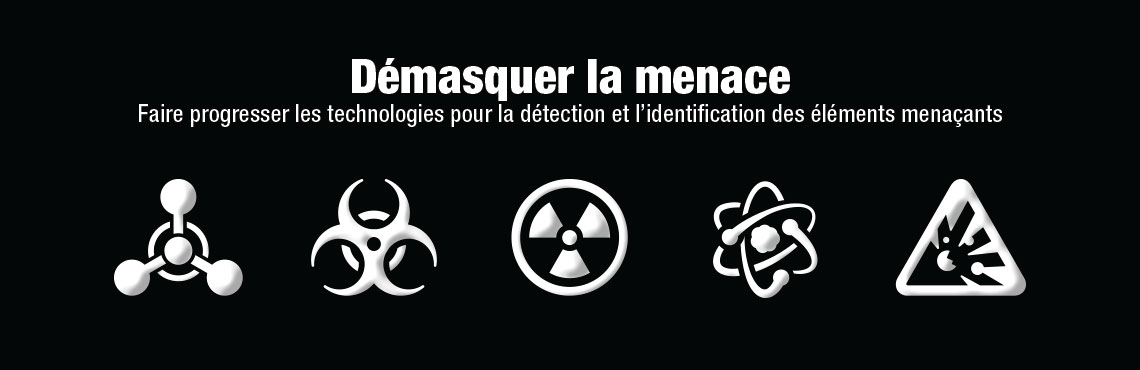 Cinq symboles de danger. Produits chimiques, biologiques, radiologiques, nucléaires et explosifs. Texte sur l’image : Démasquer la menace. Faire progresser les technologies pour la détection et l’identification des éléments menaçants