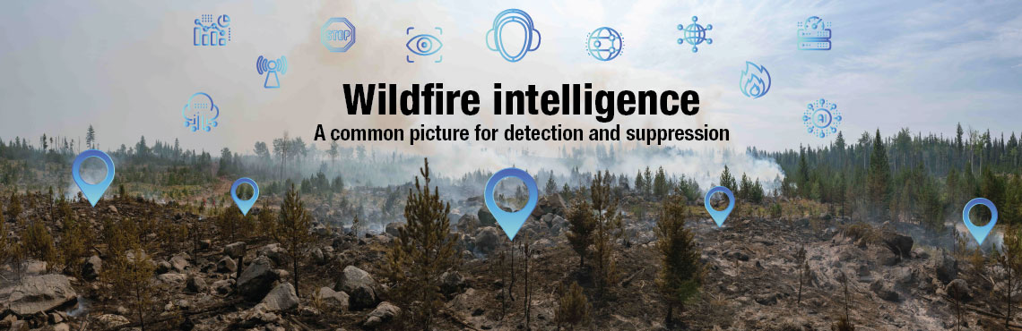 A forest with smoke and icons representing technology floating above. Text on image: Wildfire intelligence. A common picture for detection and suppression.