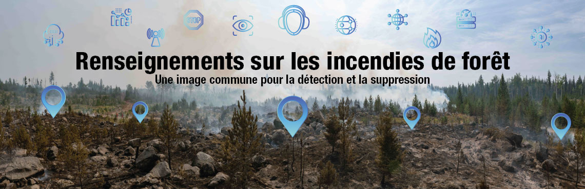 Une forêt avec de la fumée et des icônes représentant la technologie flottant au-dessus. Texte sur l'image : Renseignements sur les incendies de forêt. Une image commune pour la détection et la suppression.