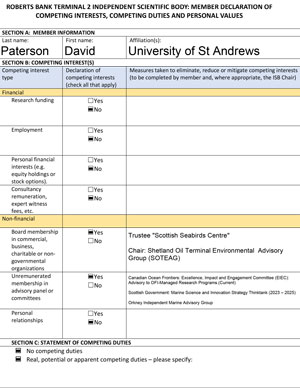 Déclaration des membres sur les intérêts concurrents, les devoirs concurrents et les valeurs personnelles : David Paterson