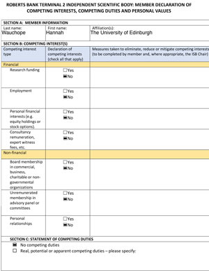 Déclaration des membres sur les intérêts concurrents, les devoirs concurrents et les valeurs personnelles : Hannah Wauchope