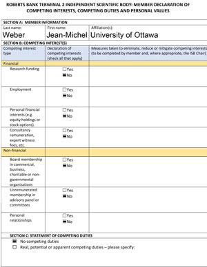 Déclaration des membres sur les intérêts concurrents, les devoirs concurrents et les valeurs personnelles : Jean-Michel Weber