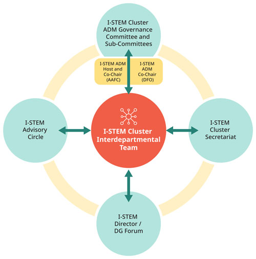 Diagram of the I-STEM Cluster governance structure showing a red circle in the center representing the I-STEM Cluster Interdepartmental Team, with reciprocal arrows off the top, bottom, and both sides. These arrows each lead to a teal circle with the labels I-STEM Advisory Circle (left), I-STEM Director/DG Forum (bottom), I-STEM Cluster Secretariat (right), and the I-STEM Cluster ADM governance committee and sub-committees (top). The arrow to the top circle has a distinction for the I-STEM ADM host and co-chair (AAFC) and the I-STEM ADM co-chair (DFO). The 4 teal circles are all connected by a light yellow ring encompassing them.