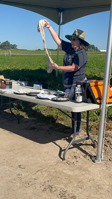 Prof Linda Schott lors d’une visite au champ en Idaho, expliquant les analyses de sol que les producteurs de pommes de terre peuvent effectuer eux-mêmes pour évaluer la santé de leurs sols