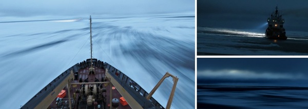 La noirceur et l'aube dans le bassin Canada au moment où le Foxillumine la voie pour le Louis. (Photo Kai Boggild)