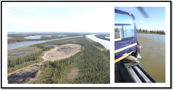 Vue aérienne du delta du Mackenzie (à gauche). Mitchell prélevant des échantillons d'eau pendant la campagne héliportée de relevés en eau libre dans 43 lacs (à droite).