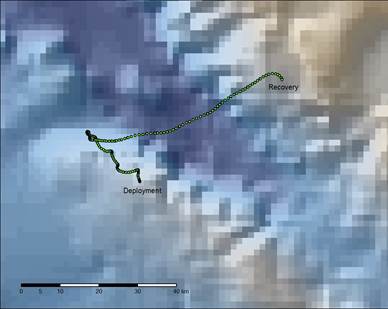 Figure 2. Le parcours de l’appareil Taurus lors de sa dérive sur la glace. Carte fournie par Walli Rainey.