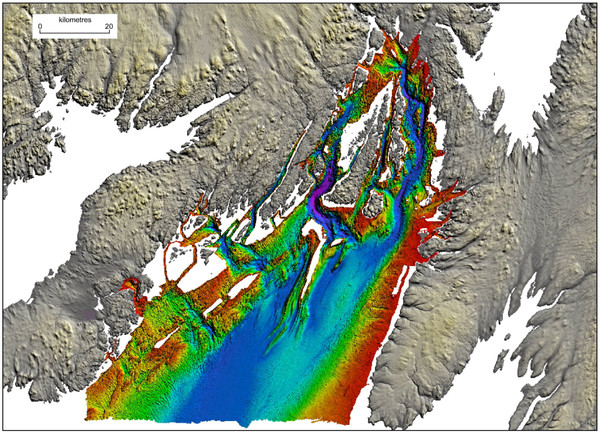 Carte de la baie de Plaisance, Terre-Neuve-et-Labrador, créée grâce à la bathymétrie multifaisceaux.