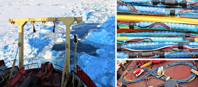 À gauche : Vue plongeante de la plage arrière pendant des activités d'acquisition de données sismiques. À droite : La flûte étalée en suivant un motif en huit.
