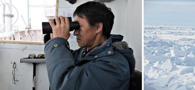 Depuis son point d'observation sur le NGCC Louis S. St.-Laurent, Nelson Ruben balaie du regard l'horizon afin de déceler des signes de la présence de mammifères marins