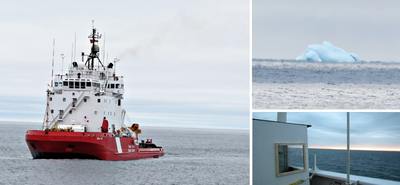 À gauche : Le NGCC Terry Fox est tribord à nous ce matin. En haut à droite : Au loin, on voit un gros iceberg. En bas à droite : Vue depuis l'enceinte sur la passerelle haute
