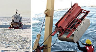 À gauche : Le Terry Fox prend la tête pour briser la glace devant le Louis. À droite : Le sondeur de sédiments remorqué au cours d'essais effectués cet après-midi