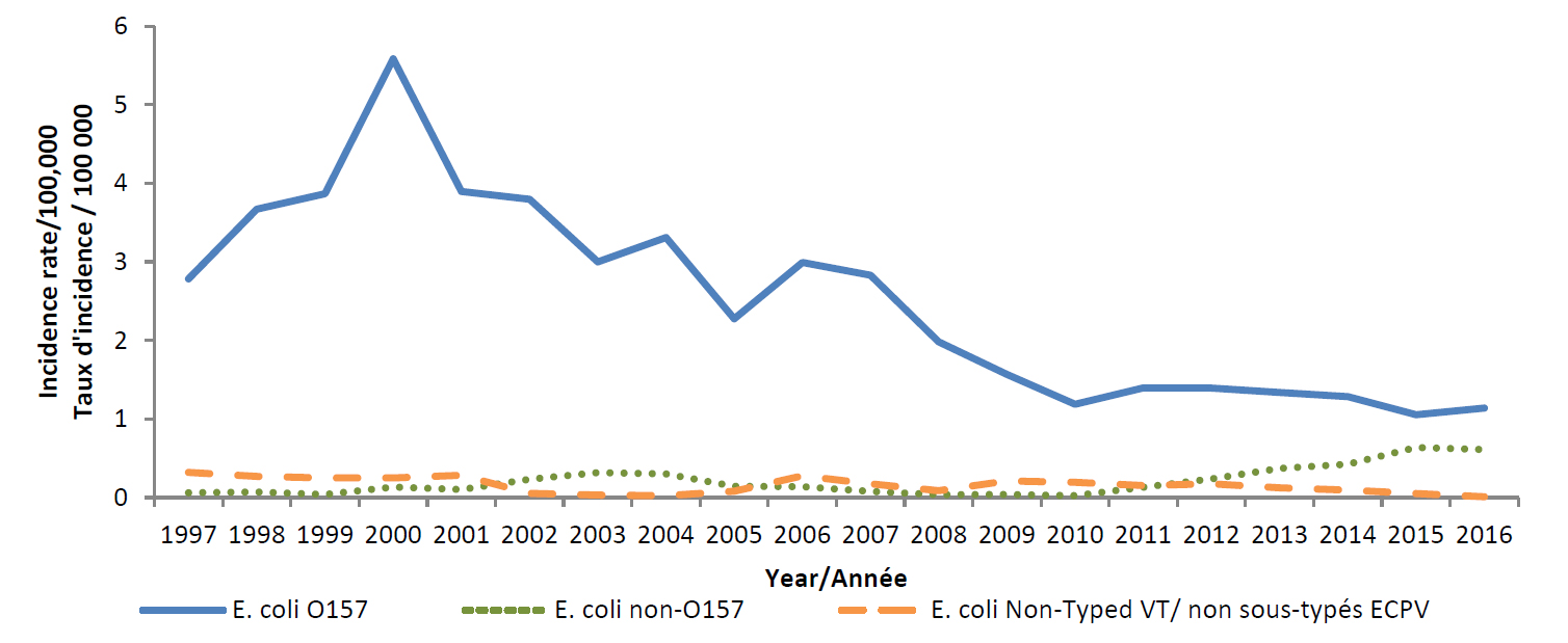 Taux d'incidence national canadien d'Escherichia coli vérotoxinogène (ECVT) O157, d'ECVT non O157 et d'ECVT non typés signalés au PNSME, de 1997 à 2016.