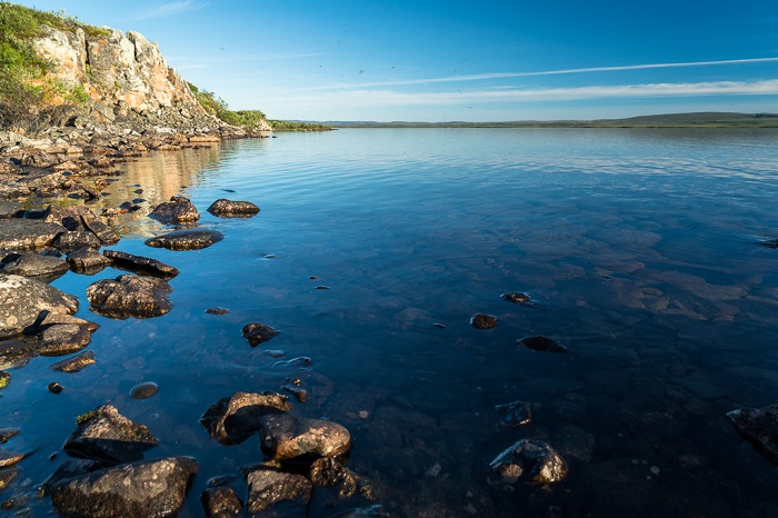 Des maringouins au-dessus des eaux bleues du secteur occidental des lacs Dismal