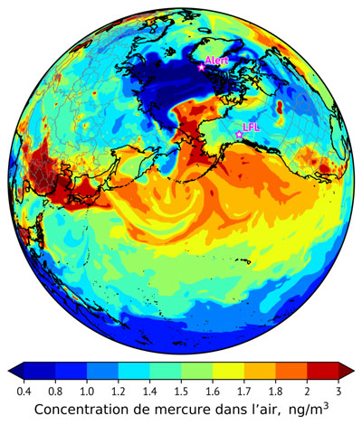 Figure 1 : Carte du globe montrant le déplacement des émissions de mercure par le vent vers l’Arctique.