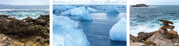 Trois photos présentées à l’horizontale. À partir de la gauche, une photo représentant des vagues déferlant sur une côte rocheuse, une photo représentant des icebergs dans des eaux arctiques et une photo représentant un Inuksuk sur un rivage rocheux, avec l’océan et une île en arrière-plan.