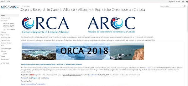 Capture d’écran de la page d’accueil de la plateforme communautaire de l’AROC, avec le logo bilingue de l’AROC, une barre de navigation à gauche et divers textes (illisibles), ainsi qu’une banderole comprenant trois photos de la côte canadienne. 
