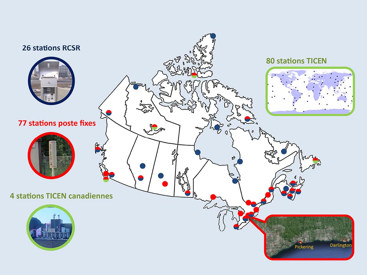 Cette carte du réseau de surveillance du rayonnement présente l’emplacement des 26 stations RCSR, des 77 stations poste fixes et des 4 stations TICEN au Canada. Elle présente aussi une plus petite carte des 80 stations TICEN dans le monde.