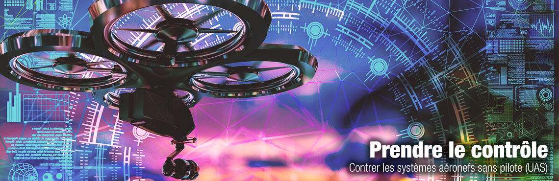 Un drone volant entouré de données technologiques et d'un globe d'intelligence artificielle. Le texte se lit comme suit : «  Prendre le contrôle Contrer les systèmes aéronefs sans pilote (UAS »).