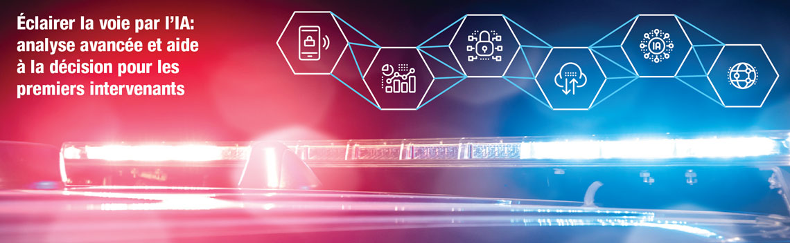 Image des signaux lumineux rouge, blanc et bleu d’un véhicule de premier intervenant. Au-dessus des feux, des icônes représentant diverses technologies sont reliées par des lignes. Texte sur l’image: Éclairer la voie par l’IA : analyse avancée et aide à la décision pour les premiers intervenants.