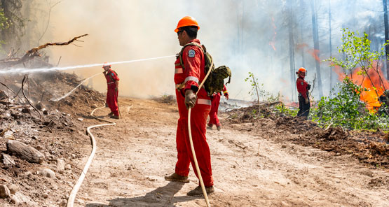 Des personnes en tenue de protection rouge arrosent le sol enfumé d’une forêt en feu.