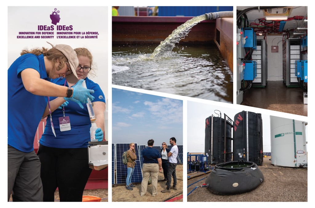 Un collage de photos, montrant deux personnes mettant de l'eau dans une bouteille d'échantillon, de l'eau pulvérisée à partir d'un tuyau, une salle mécanique, un groupe de personnes debout à côté de panneaux solaires et de réservoirs d'eau.