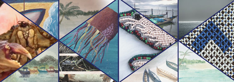 Une composition de pièces d’art (peinture et ouvrages en perles) représentant des paysages océaniques et la vie marine.