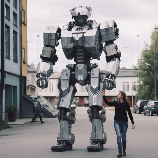 A big robot and a human walking down a street holding hands.