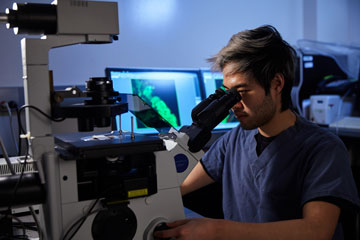 Un scientifique du CNMAE penché sur un microscope.